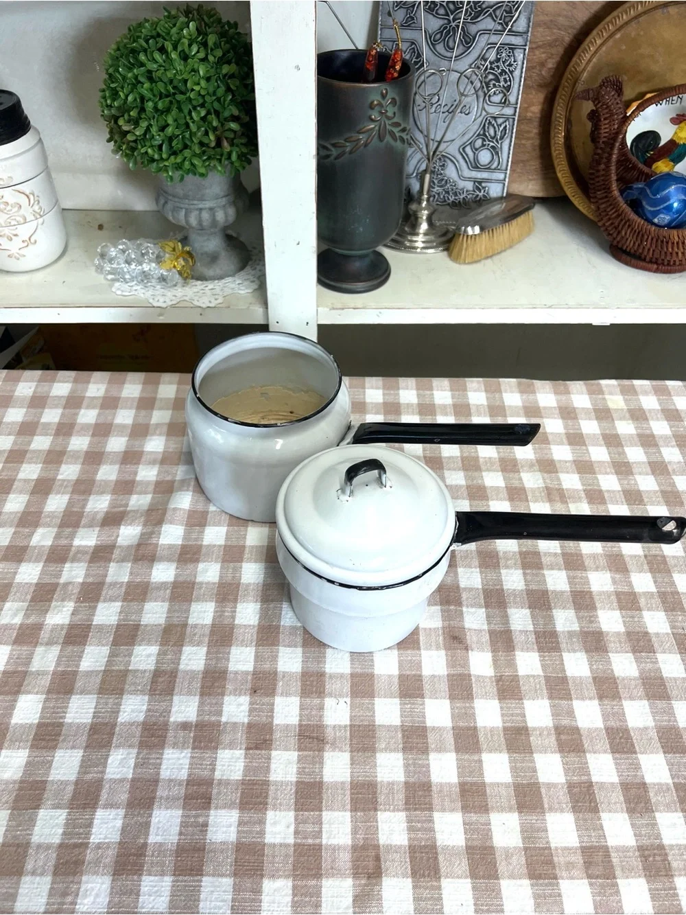 Vintage black white enamel double boiler pan decor cookware grandma core